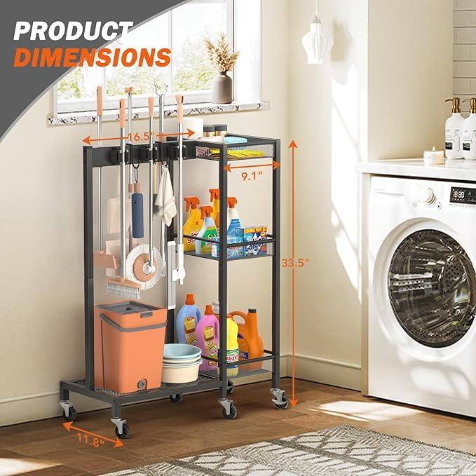 Broom Holder with Cleaning Supplies Organizer, Broom Closet Storage Cabinet with Cleaning Caddy, Cleaning Cart with Mop Hanger Gripper Rack Hooks,Janitorial Cart,Utility Carts Household Essentials - NeatNest