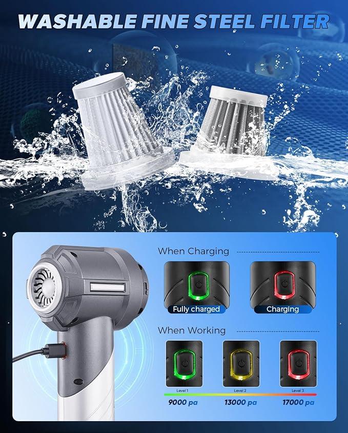 Saker Car Vacuum Portable Cordless, Foldable Mini Handheld Vacuum Cordless and Air Duster 17000PA High Power Vacuum Cleaners for Home,Cars,Office Cleaning HL133 Silver - NeatNest