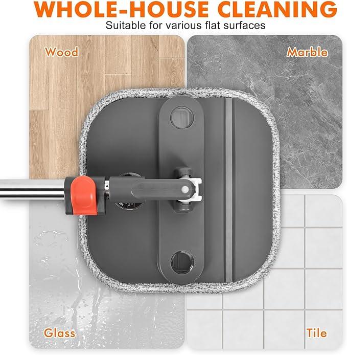 Upgraded Spin Mop and Bucket System Set, Self Separate Clean and Dirty Water, Foldable Square Standing Mop Head with Microfiber Mop Pads, Detachable Bucket (Grey+Orange, Mop Set with 6PC Pads) - NeatNest
