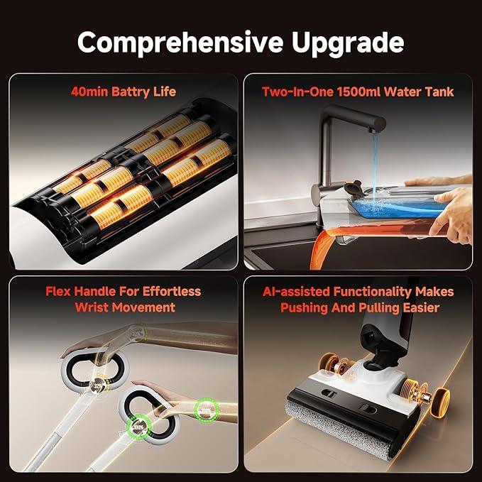 uwant D100 Wet Dry Vacuum Cleaner 180°Lay-Flat Vacuum Mop All in One with 18000Pa Suction Auto Self-Cleaning Anti Odor Stick Pushin Mop Dual-Edge Cleaning Electeic Mop Set for Hard Floor/Carpet,Milky - NeatNest