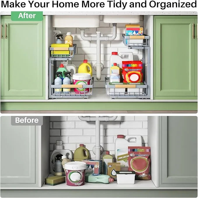 Pull out Cabinet Organizer, 1 Pack Under Sink Organizer, Slide out Metal Kitchen Cabinet Organizers Drawer Shelf, Sliding Storage Shelves for Kitchen Bathroom Pantry Closet Organization Rack(Grey) - NeatNest