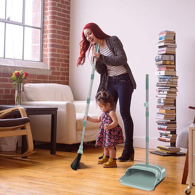 kelamayi Upgrade Broom and Dustpan Set, Large Size and with Long Handle, Upright,Ideal for Indoor Outdoor Garage Kitchen Room Office Lobby Use (Green) - NeatNest