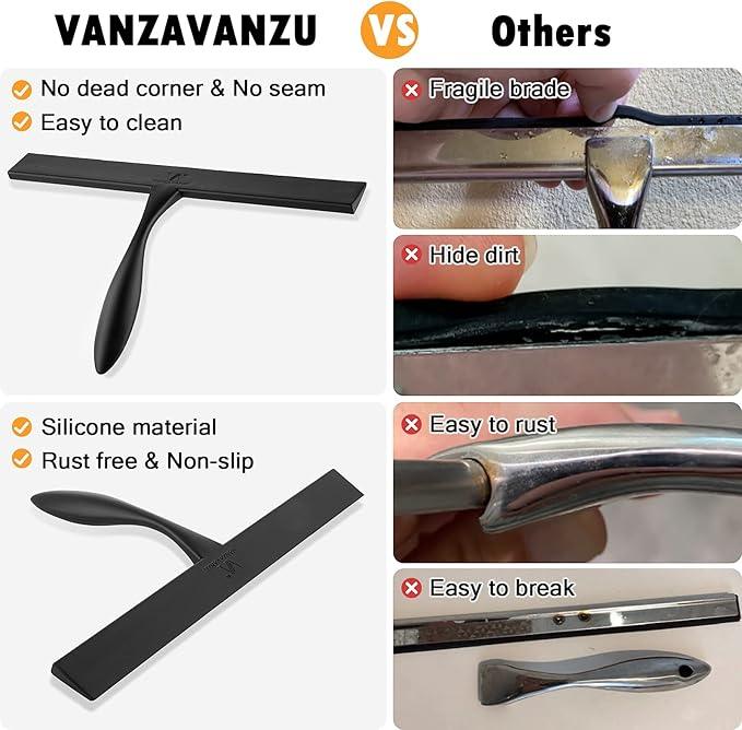 Squeegee for Shower Glass Door, 11-Inch Shower Squeegee for Glass Doors, Bathroom Silicone Squeegees Wiper for Shower with Non-Slip Handle, No-Drilling Silicone Hanging Hook, for Tiles, Mirror(Black) - NeatNest
