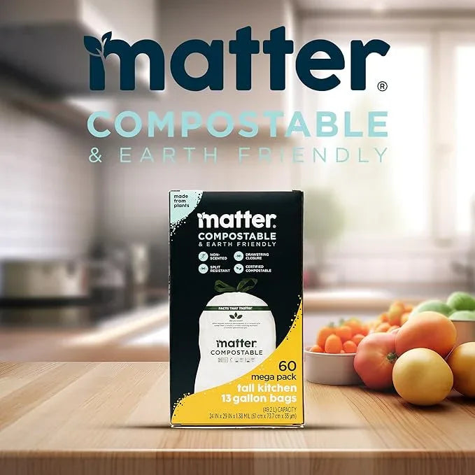 Matter Compostable 13 Gallon Tall Kitchen Trash Bags with Drawstring, Eco-Friendly, Unscented, Durable, Leak-Resistant, 60 Count - NeatNest