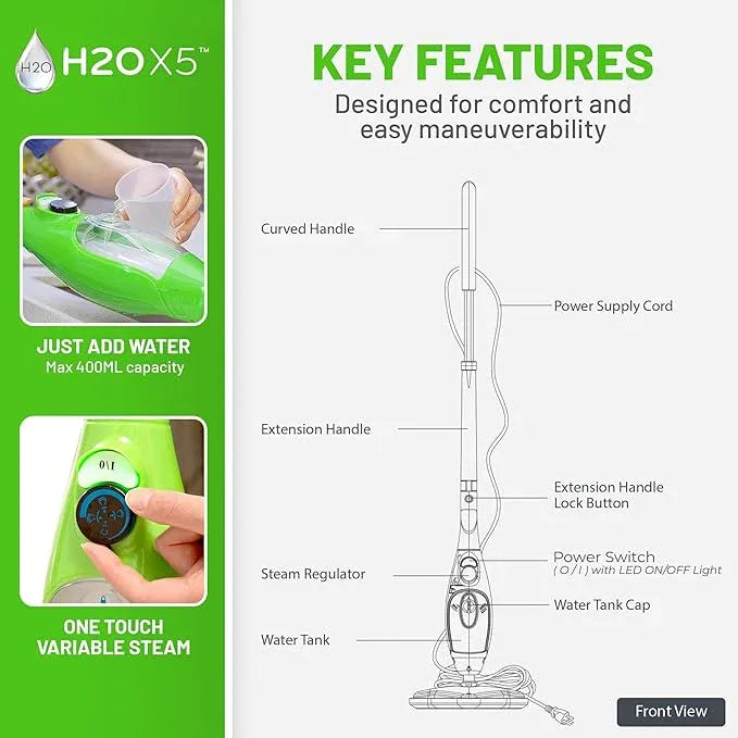 H2O X5 5-in-1 Multi-Purpose Steam Mop, Handheld Steam Cleaner, Adjustable Height, Removable Tank, Large Capacity, Rapid Heat Up, Steam Control, Lightweight, High Pressure - NeatNest