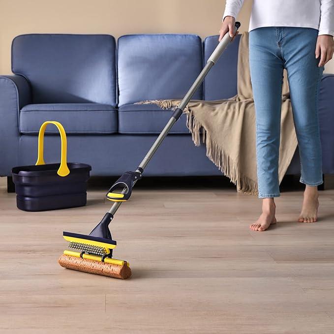 Yocada Sponge Mop Home Commercial Use Tile Floor Bathroom Garage Cleaning Total 3 Sponge Heads Squeegee and Extendable Telescopic Long Handle 42.5 to 52 Inches Easily Dry Wringing Only 3 Heads - NeatNest