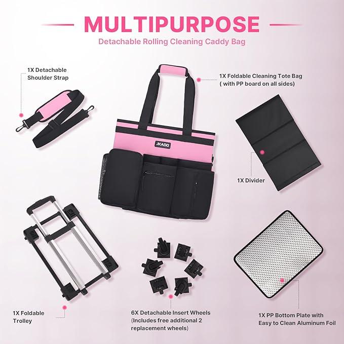 Large Rolling Cleaning Caddy Bag with Detachable Trolley, Waterproof Cleaning Caddy on Wheels for Housekeepers, Cleaning Cart Supplies Organizer for Home,Car,Office,Picnic (Pink) (in Patent) - NeatNest