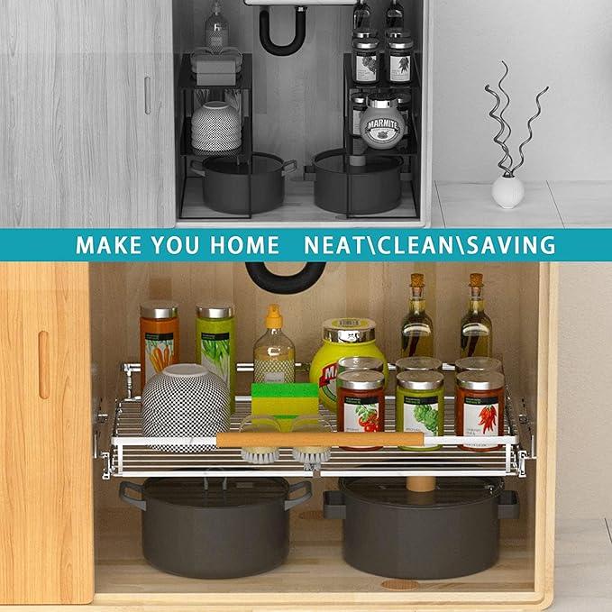 Large Pull Out Kitchen Cabinet Organizer, 22.7''-39.8''W x 22''D, Heavy Duty Slide Out Pantry Shelves Sliding Drawer Storage for Kitchen, Under Sink, Bathroom, Wardrobe, Steel Metal - NeatNest