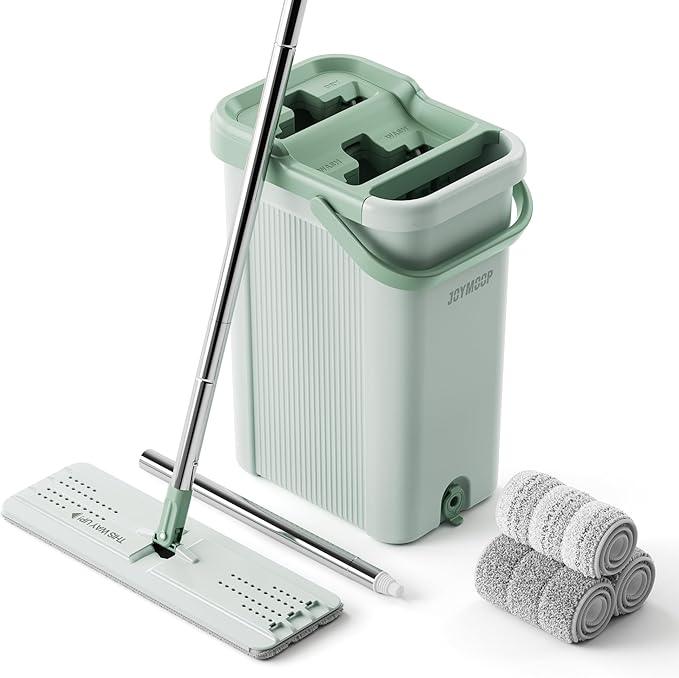 JOYMOOP 8L Large Capacity Flat Mop System (Light Green) with Extension Handle, Ideal for Floor, Window, and Wall Cleaning - Includes 3 Washable Microfiber Pads for Wet and Dry Use - NeatNest