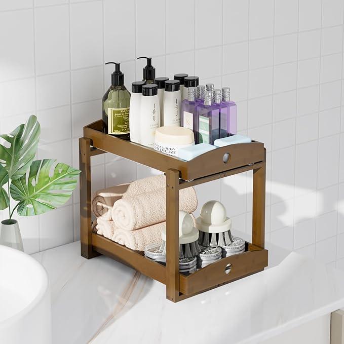 Bamboo Wood Under Sink Organizer 1 Pack, Pull Out Cabinet Organizer 2 Tier Under Sink Organizers and Storage w/Sliding Drawer Sturdy Easy Assembly for Kitchen Bathroom Undersink (Walnut, 2 Packs) - NeatNest