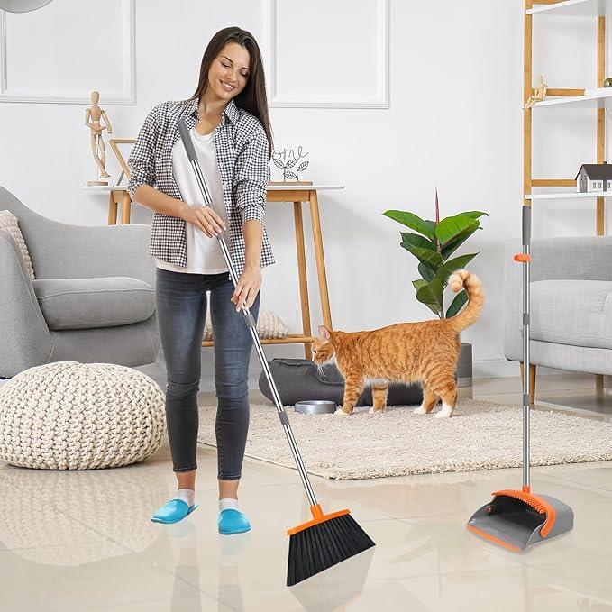 NACENA Broom and Dustpan Set, 52-in Long Adjustable Handle Broom Dustpan Combo with Dustpan Teeth to Automatically Clean Hair Suitable for Home Kitchen Office Hall Floor (Grey&Orange), 4 Pack - NeatNest