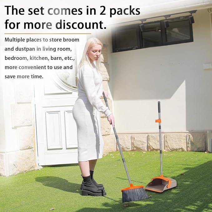 2-Pack is More economical,Upgraded Upright Broom and Dustpan Combo with 52" Long Handle, Dustpan Teeth with self-Cleaning Function, Indoor and Outdoor Sweeping, Perfect for Home Office. - NeatNest