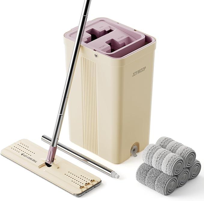 JOYMOOP Mop and Bucket Set (Beige & Blush Brown) with Extension Handle, Ideal for Floor, Window, and Wall Cleaning - Includes 5 Washable Microfiber Pads for Wet and Dry Use - NeatNest