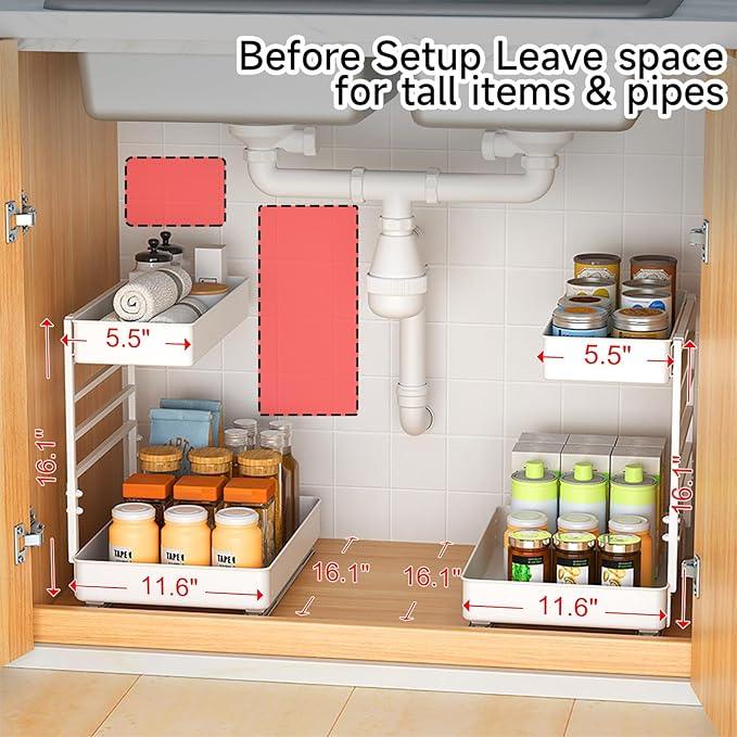 EVERIE Height Adjustable 2 Tier Metal Pull Out Slide Shelf Organizer for Framed or Frameless Under Sink Cabinets in Kitchen, Bathroom, with Snap-on Top Tray (White, 2 Sets) - NeatNest