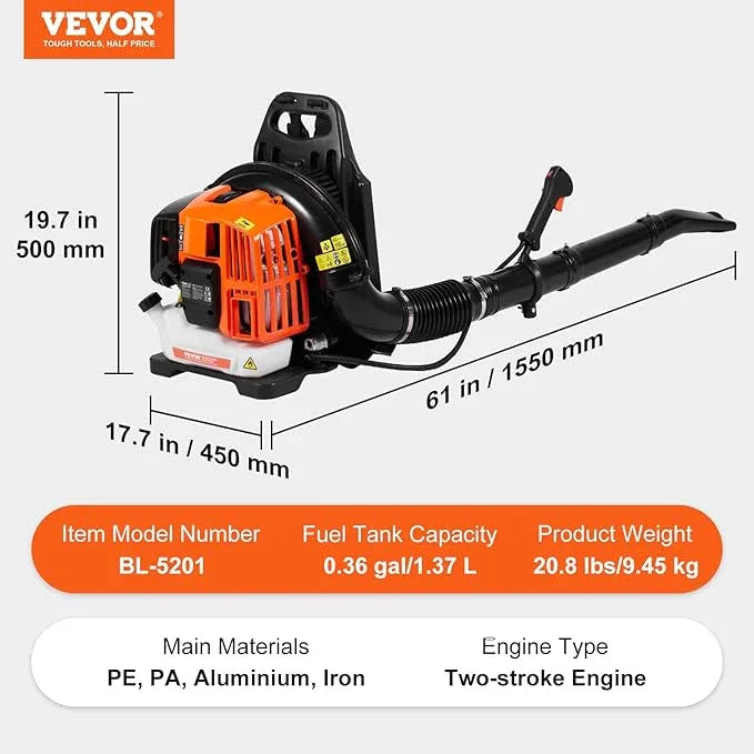 VEVOR Backpack Leaf Blower, 52CC 2-Cycle Leaf Blower with 1.37L Fuel Tank, 480CFM Air Volume 175MPH Speed, Ideal for Lawn Care, Leaf Cleaning, and Snow Removal - NeatNest