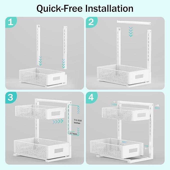 Under Sink Organizer Adjustable Height 2 Tier Bathroom Organizer Pull Out Cabinet Organer kitchen organizers and storage fridge organizers and storage,White,XL-1 Pack - NeatNest