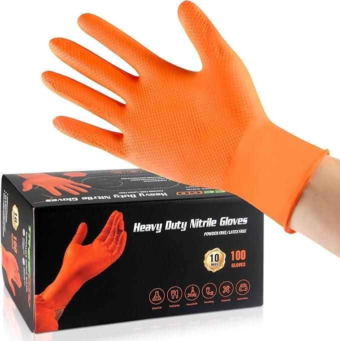 TREEGO Heavy Duty Orange Nitrile Gloves 10 Mil Disposable Rubber Work Gloves - Double Diamond Grip, Mechanic Rubber Gloves for Automotive & Industrial Use, Latex Free, 100 Count Medium - NeatNest
