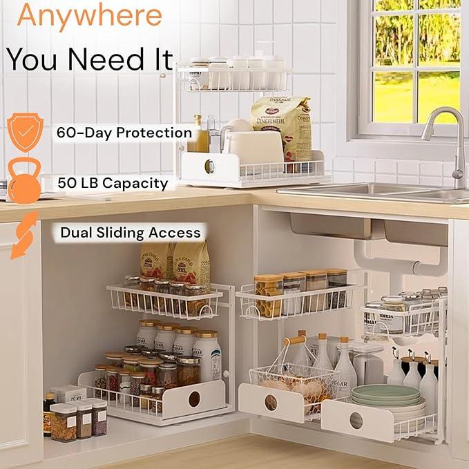 Under Sink Organizer, 2 Pack, 2 Tier Pull Out Sliding Shelf, Adjustable Height, Heavy Duty, Cabinet Organizer for Kitchen Bathroom, Tool-Free Install White - NeatNest