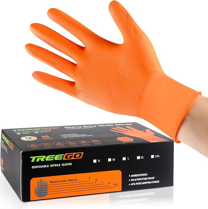 TREEGO 10 Mil Nitrile Gloves XL - Heavy Duty Orange Gloves with Double Diamond Grip, Disposable Mechanic Rubber Gloves, Latex Free Industrial Work Gloves for Garage & Automotive, 50 Count Extra Large - NeatNest