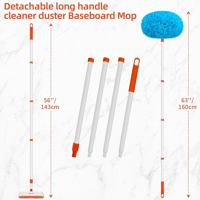 Baseboard Cleaner Tool with Handle, Extendable Long Handle Baseboard Cleaning Duster with Reusable Pads for Floorboard, Ceiling Fan Blade Cleaner Duster (Blue)