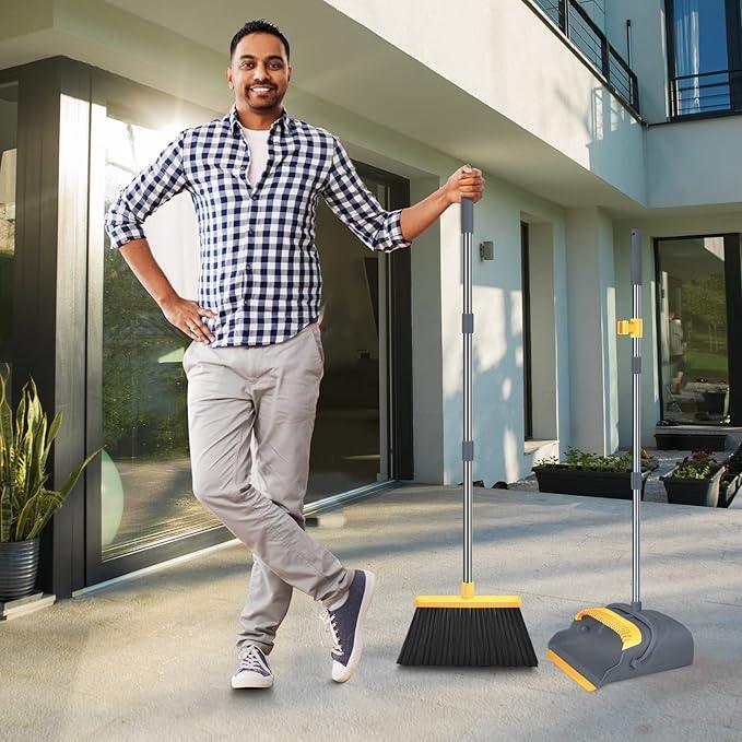 kelamayi Upgrade Broom and Dustpan Set, Broom with Dustpan Combo Set, Self-Cleaning with Dustpan Teeth, Indoor&Outdoor Sweeping, Stand Up Broom and Dustpan (Gray&Yellow) - NeatNest