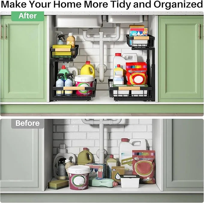 Under Sink Organizer, 2 Packs 2 Tier Under Sink Organizers and Storage, Slide out Pull out Cabinet Organizer Shelf, Metal Sliding Drawer for Kitchen Bathroom Pantry Cabinet Closet Organization Rack - NeatNest