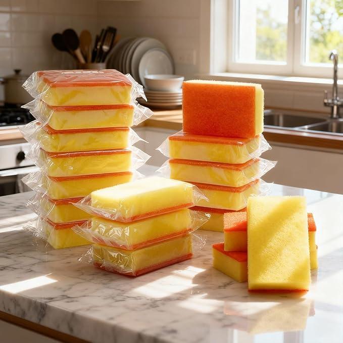 Tioncy 100 Pcs Individually Wrapped Sponges Bulk Kitchen Orange Non Scratch Scrub Sponges Dual Sided Cleaning Scrubber for Household Washing Dishes, Pots, Pans, Sinks, Stoves, Appliances, Car, Bike - NeatNest