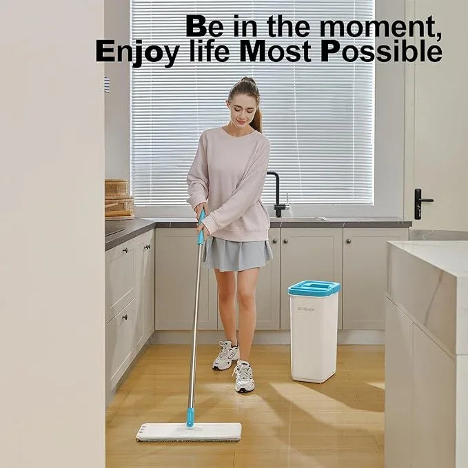 Mop and Bucket Set with Wringer, Turquoise-Cyan Wall Mop Cleaner with Long Handle, Squeeze Flat Mop and Bucket System, Dry & Wet Dust Mop for Household Floor Cleaning with 2 Microfiber Mops - NeatNest