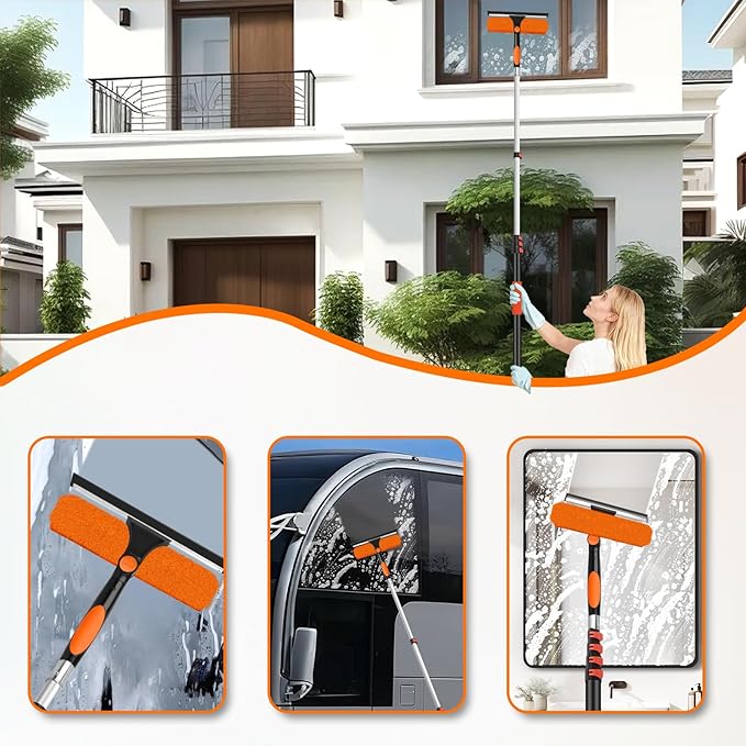 Jhkopqe 26FT Telescoping Window Squeegee Kit | 2-in-1 Professional Window Washer & Microfiber Scrubber with Extension Pole | High Reach Cleaning Tool for Outdoor, Indoor Windows & Glass