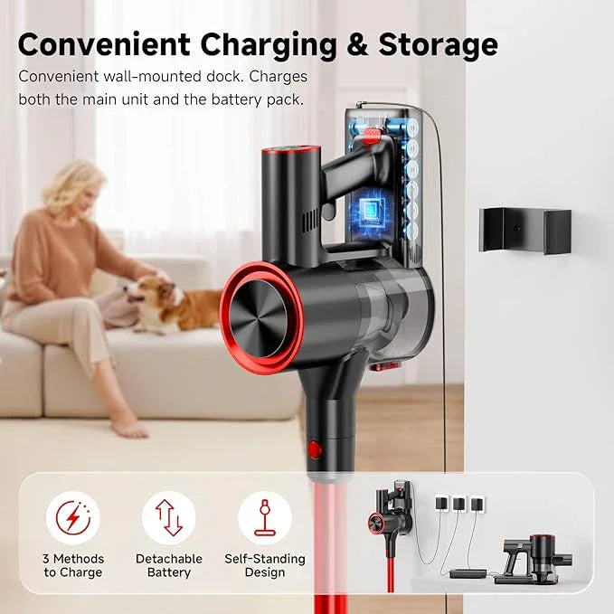Cordless Stick Vacuum Cleaner, 38Kpa Powerful Suction Vacuum Cleaner with LED Headlight, Detachable Battery, 8-in-1 Lightweight Handheld Vacuums for Pet Hair Carpet and Hardwood Floor, Red - NeatNest