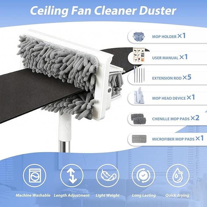 Ceiling Fan Cleaner Duster with 80'' Extendable Long Handle Pole - Microfiber Chenille Pads for Blades, Baseboards, Walls, Floors, Blinds & Cobwebs - Reusable & Washable - NeatNest