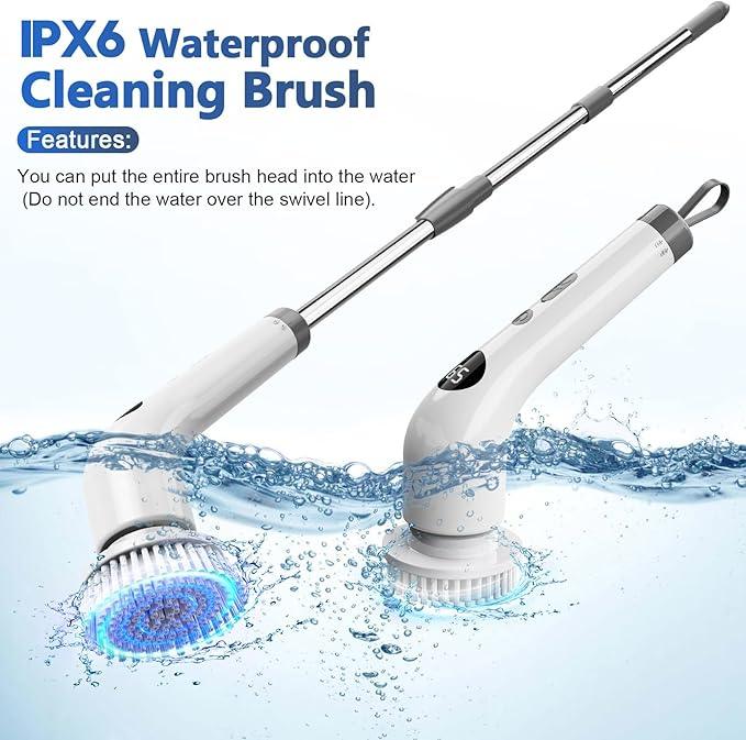 Qimedo Handheld Spin Scrubber with Extended Long Handle, Rechargeable Electric Scrubber for Cleaning, Cordless Power Dish Scrubber with 6 Brushes for Bathtub Grout Tile Floor - NeatNest