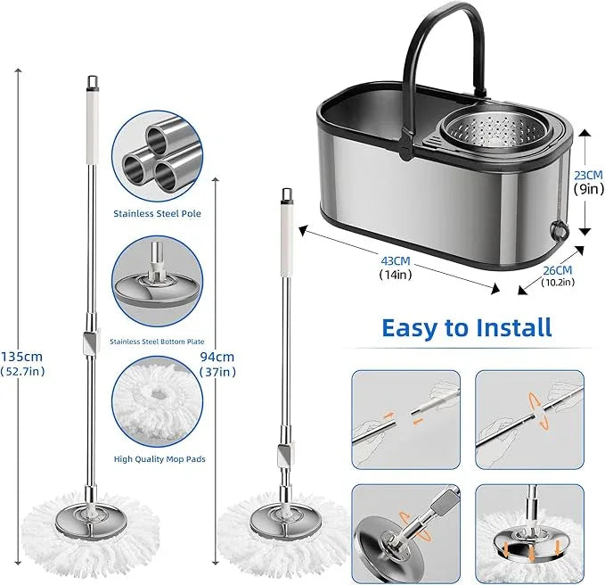 Spin Mop and Bucket with Wringer Set for Home,360° Mop and Bucket with Separate Clean and Dirty Water,Wet Dust Mop for Floor Cleaning with Extra Refills (Silver) - NeatNest