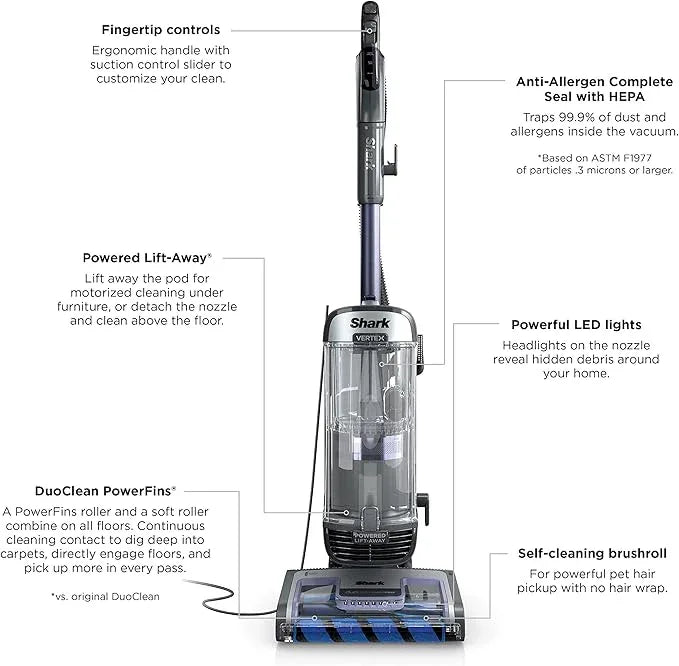 Shark AZ2001AMZ Vertex DuoClean PowerFins Upright Vacuum, with Powered Lift-Away & Self-Cleaning Brushroll, Dark Lilac, 1 qt Dust Cup - NeatNest