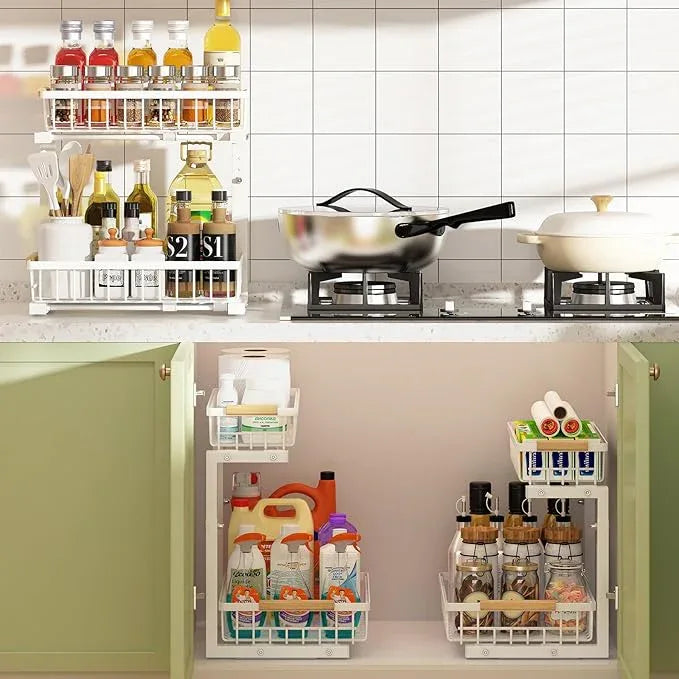 REALINN Under Sink Organizer, Height Adjustable Under Sink Organizers and Storage, 2 Tier Pull Out Drawer Cabinet Storage for Kitchen Bathroom, 2 Pack, White - NeatNest