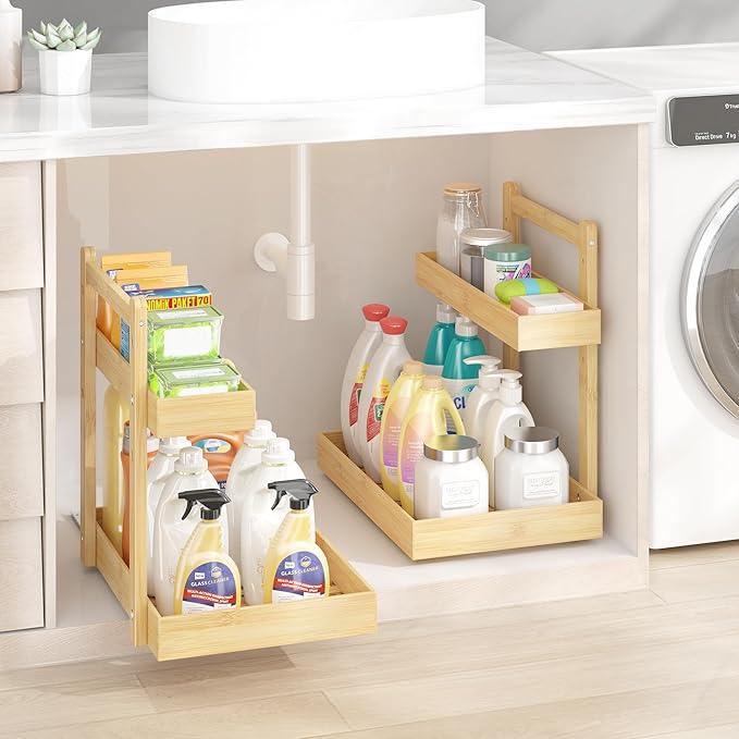 Under Sink Organizer - 2-Tier Pull Out Cabinet Organizer Vertical Slide Out Sink Shelf Storage Shelves for Multi-Purpose Bath Kitchen Bathroom Medicine (Nature, 2 Packs) - NeatNest
