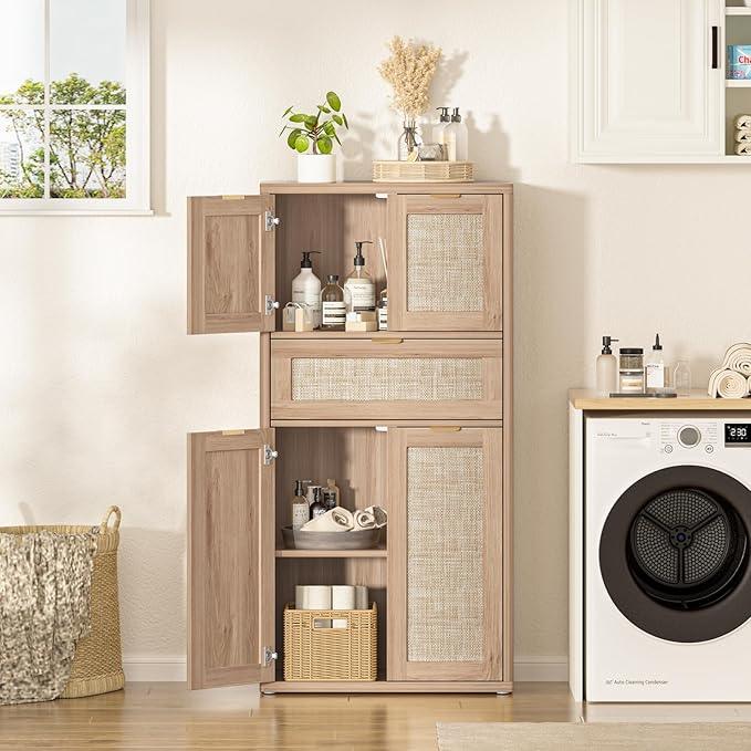 LEYAOYAO 48" Tall Storage Cabinet Set of 2,Rattan Bathroom Floor Cabinets with 4 Doors & 1Drawer,Boho Kitchen Pantry with Adjustable Shelves,Wooden Cupboard for Living Room,Home Office,Natural Wood - NeatNest