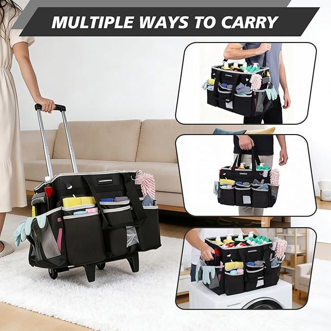 Large Rolling Cleaning Caddy Bag, Cleaning Caddy with Wheels with Detachable Trolley for Housekeepers, Water Resistant Cleaner Supplies Organizer with Wheels for Kitchen, Car, Picnic (Black-Grey) - NeatNest