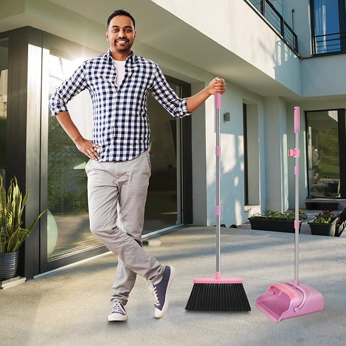 kelamayi Broom and Dustpan Set for Home, Office, Indoor&Outdoor Sweeping, Stand Up Broom and Dustpan (Pink) - NeatNest