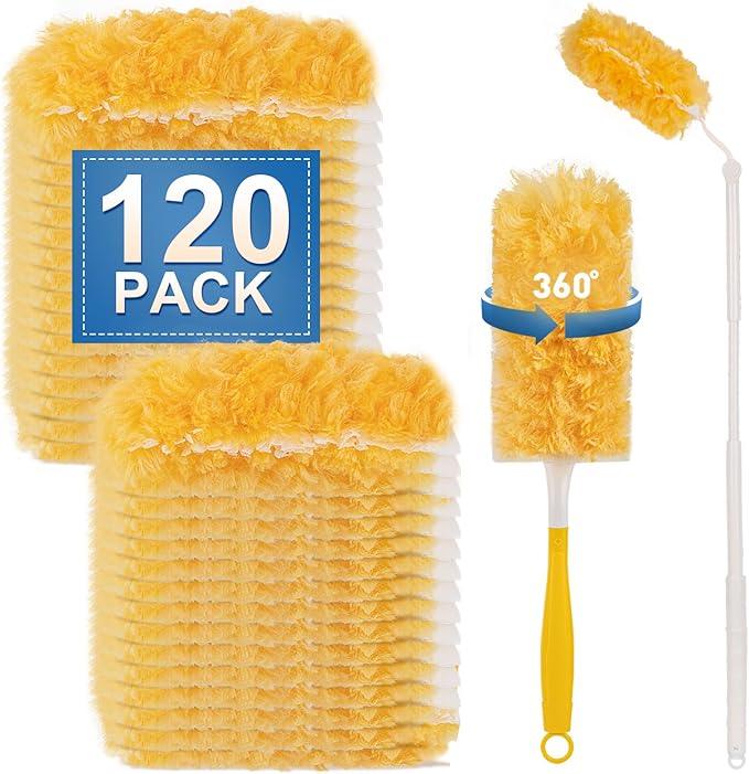 Heavy Duty Duster Refills, Disposable Dusters Kit for Cleaning Dusting Furniture Blind Ceiling Fan, Multi Surface 360 Feather Duster(120)+3FT Extended Handle +1 Handle - NeatNest