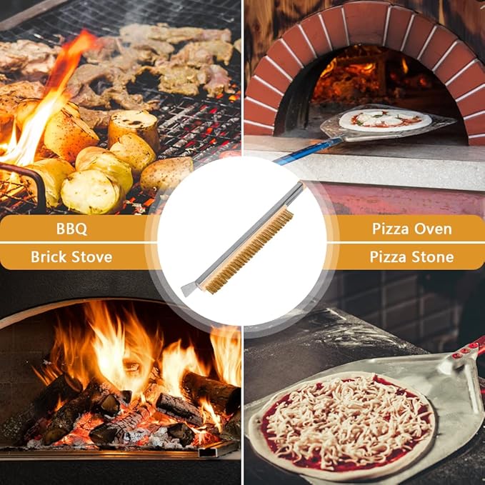 Aolso Pizza Oven Brush, 26" Brush and Stainless Steel Scraper for Pizza Stone, BBQ Grill Cleaning Brush Non Scratch Heat Proof Brass Bristles with Screwdriver, Outdoor Pizza Oven Accessories