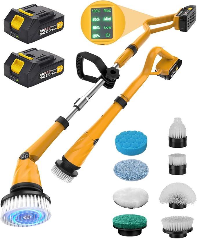 Qimedo 1500 RPM Electric Spin Scrubber with Two Batteries Q2 Pro, Cordless Battery Powered Shower Scrubber,Electric Tile Floor Scrubber with Display for Grout/Tile/Tub (Effortless Handle/8 Brushes) - NeatNest