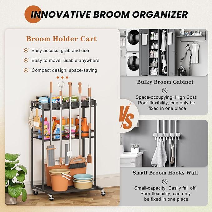 Broom Holder with Cleaning Supplies Organizer, Broom Closet Storage Cabinet with Mop Hanger Gripper Rack Hooks, Cleaning Housekeeping Janitorial Cart with Cleaning Caddy, Laundry Room Organization - NeatNest