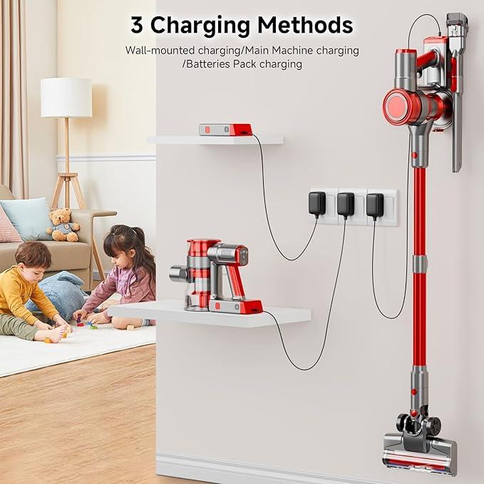 Cordless Vacuum Cleaner, 35Kpa Vacuum Cleaner for Home, 45Mins Stick Vacuum with LED Display, Anti-Tangle & Wall Mount Charging, 6 in 1 Lightweight Vacuum for Hard Floors, Carpet, Pet Hair (red) - NeatNest