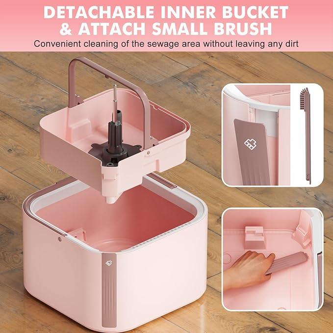 Upgraded Spin Mop and Bucket Set Self-Standing Mop Bucket Separate Dirty and Clean Water System Self Wringing 360° Rotating 90° Foldabl Mops and Buckets for Floor Cleaning (Pink, 6Pads) - NeatNest