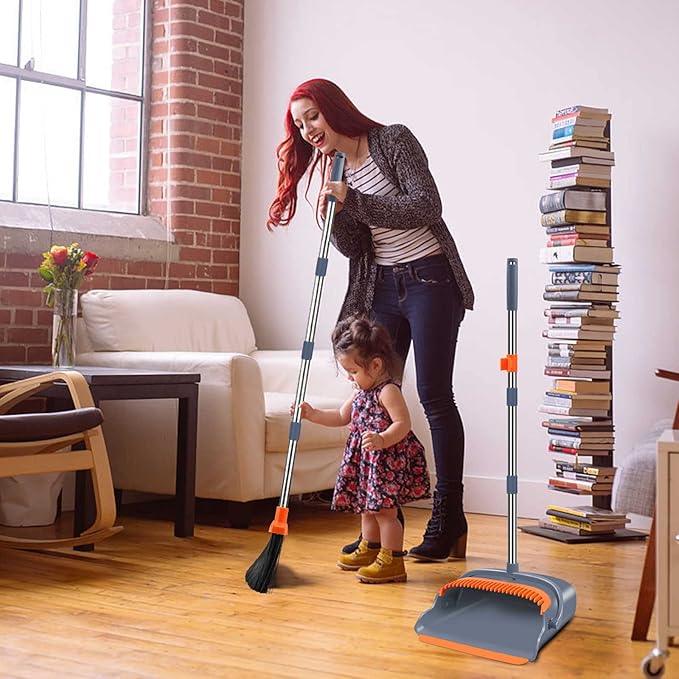 kelamayi Upgrade Broom and Dustpan Set, Self-Cleaning with Dustpan Teeth, Indoor&Outdoor Sweeping, Ideal for Dog Cat Pets Home Use, Stand Up Broom and Dustpan (Gray&Orange) - NeatNest