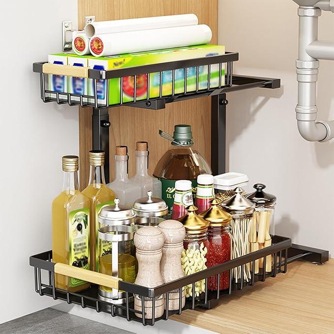 2 Pack 2 Tiers Pull Out Under Sink Organizers, Metal Kitchen Storage Shelf, Pull Out Under Sink Storage Rack, Multi-purpose Under Sink Shelf Organizer for Under Sink Cabinet Bathroom Kitchen (Black) - NeatNest
