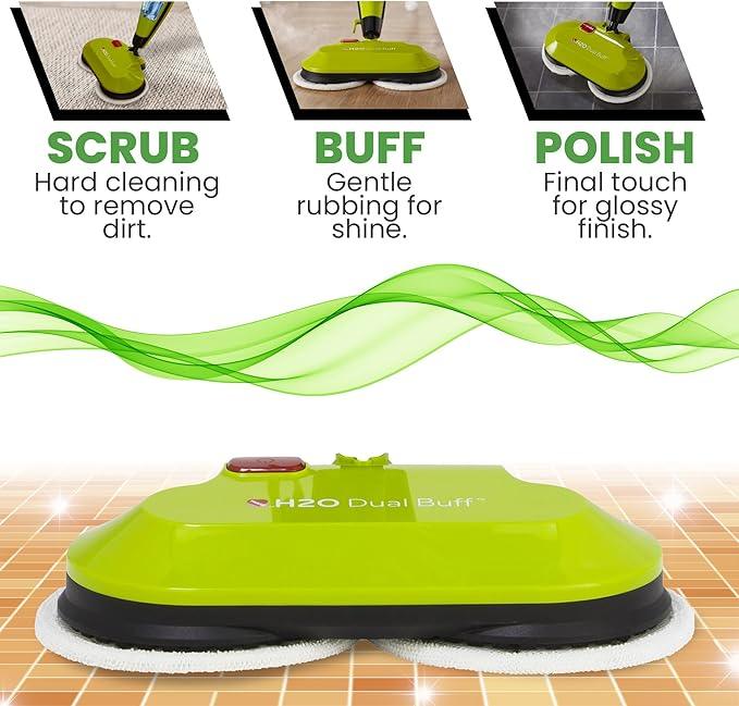 H2O HD Dual Buff Steam Mop, 8 in 1 Handheld Steam Cleaner For Kitchen Tile Floors, Hardwood Floors, Grout Cleaner, Upholstery Cleaner and Carpets, 2 washable scrub pads, 8 cleaning accessories - NeatNest