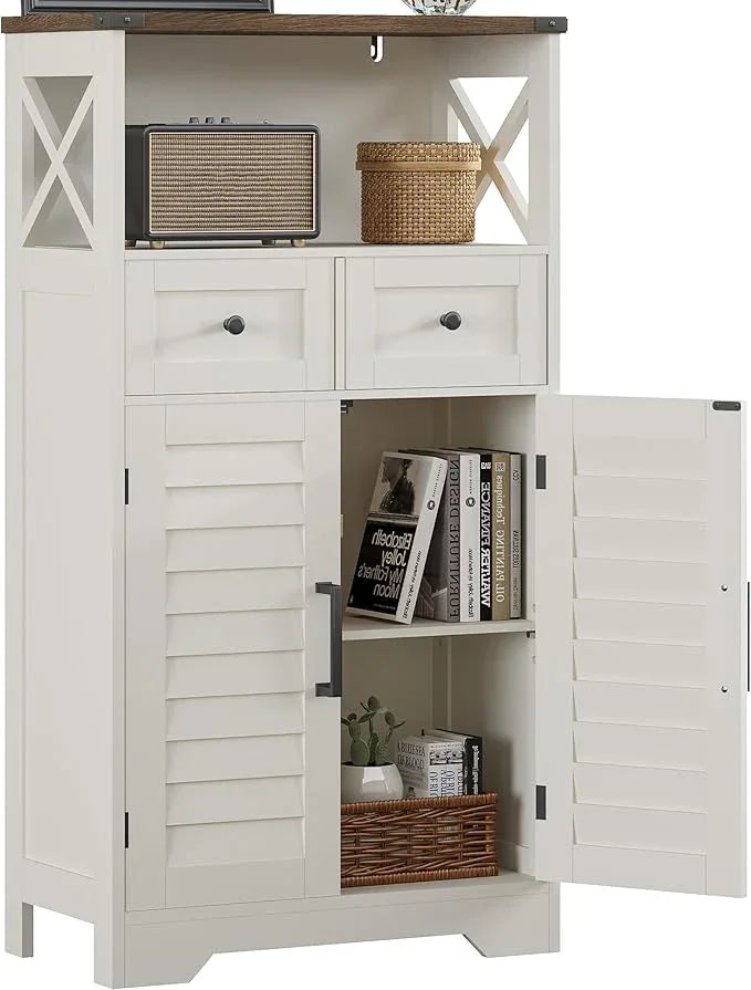 ChooChoo Farmhouse Storage Cabinet, Bathroom Floor Cabinet with Doors and Drawers, Kitchen Pantry Cabinet for Living Room, Laundry, White - NeatNest