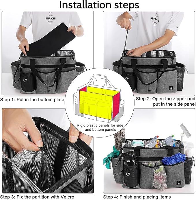 Large Cleaning Caddy Bag Built-in Sturdy Support Board, Cleaning Organizer with Detachable Divider, Cleaning Supply Tote with Adjustable Shoulder Strap&Waist Belt for Cleaners & Housekeeper - NeatNest